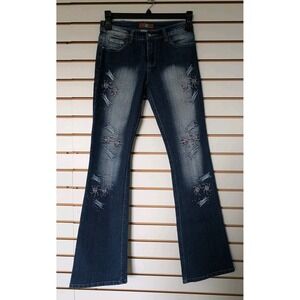 Y2K Silver Kiss Flared Jeans Bootcut Embellished Spider Beadwork Women Teen Sz 7